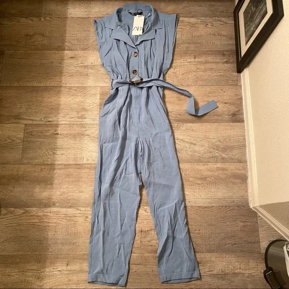 NWT Zara blue short sleeve buttoned up jumpsuit with a tie - Picture 15 of 15